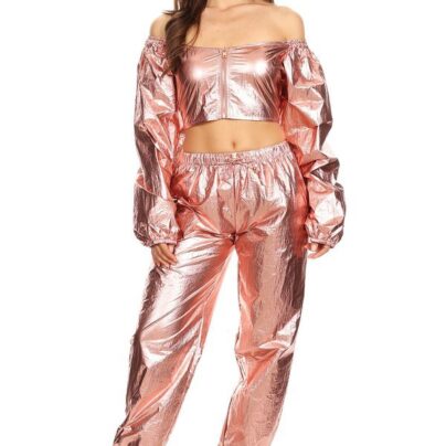 Rose Gold Off Shoulder Zippered Long Sleeve Crop Top (Top Only)