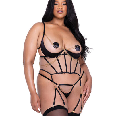 Slutty Plus Size Caged Temptress Satin & Tulle Bustier w/Draped Chain Detail & Thong Sluty Queen BDSM Fuck Me Outfit