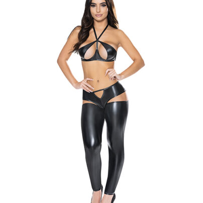 Sexy Slut Fuck Me Liquid Onyx Halter Bra & Cutout Pants Whore Lingerie
