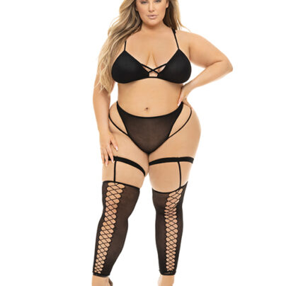 Slutty Plus Size Want You Now Bra, Panty & Stockings Whore Lingerie