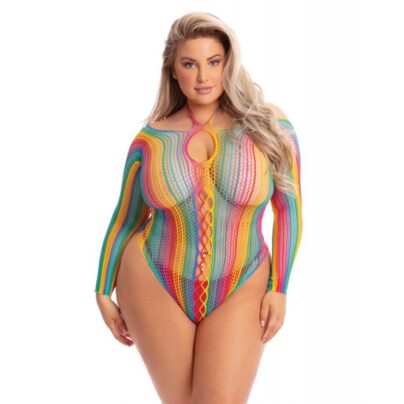 Slutty Plus Size Rainbow Long Sleeve Bodysuit Whore Lingerie