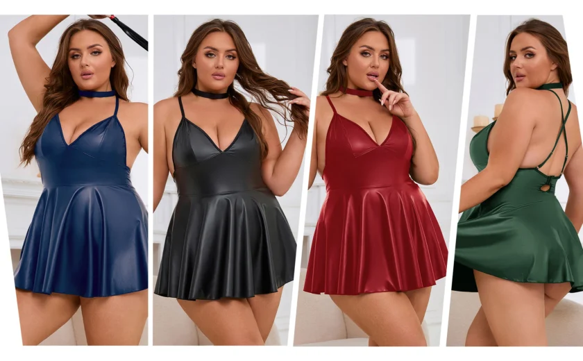 Plus Size Fuck Me Dress – Red PU Leather with Ruffles and Neck Ring - Image 3