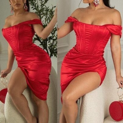 Daring Siren Off-Shoulder Slit Satin Fuck Me Dress